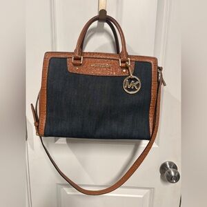 Michael Kors Selma satchel handbag denim and crocodile-embossed leather trim